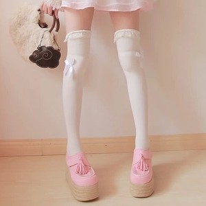 2件包邮 cosplay女日系蕾丝花边蝴蝶结白色棉大腿袜高筒袜过膝袜