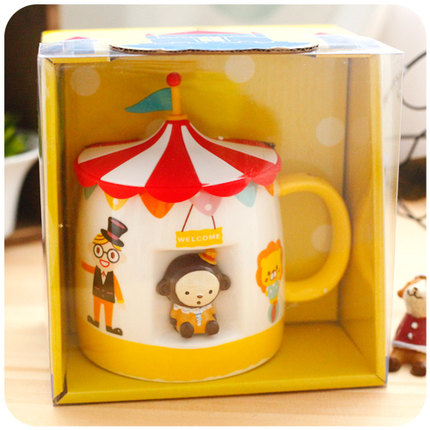 默默爱创意卡通喝水陶瓷马克杯带盖 可爱奶茶咖啡牛奶杯 大水杯子