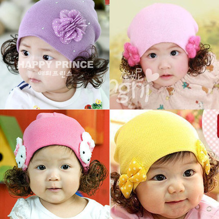 标题优化:秋冬韩国宝宝套头帽子 春棉质婴儿帽子儿童假发帽包头帽 拍照潮帽
