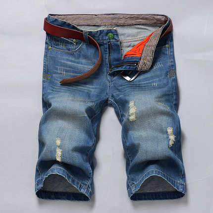 夏薄款五分裤男 直筒修身韩版潮破洞牛仔短裤 青少年大码5分中裤