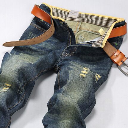 USIGSX秋季新款男士牛仔长裤猫须破洞做旧直筒牛仔裤复古潮男裤