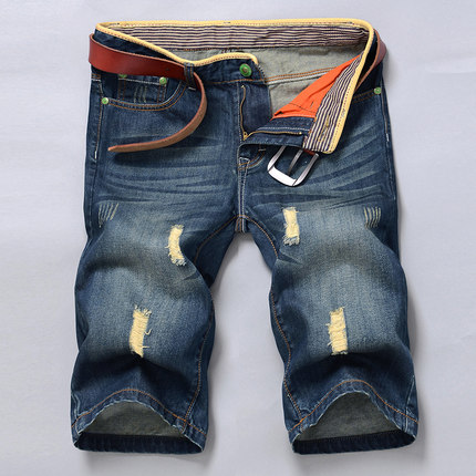 夏薄款五分裤男 直筒修身韩版潮破洞牛仔短裤 青少年大码5分中裤