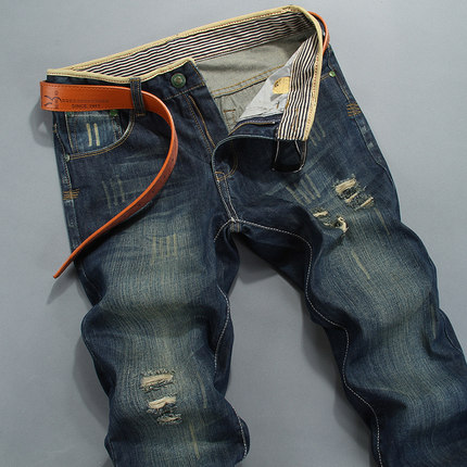 USIGSX秋季新款男士牛仔长裤猫须破洞做旧直筒牛仔裤复古潮男裤