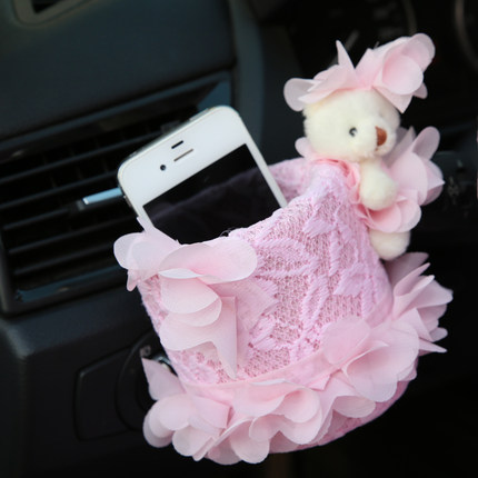 美美熊  可爱蕾丝汽车出风口置物筒 车载置物桶 手机袋收纳桶挂袋