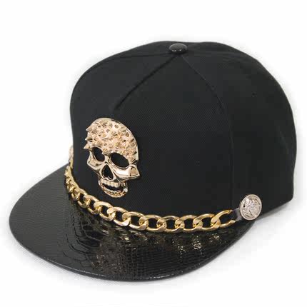 择信欧美朋克风金色皮帽檐带链条骷髅头铆钉嘻哈棒球帽街舞平沿帽