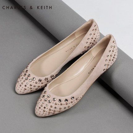 标题优化:Charles Keith CK1-70900002水钻铆钉2015春尖头单鞋 平底鞋