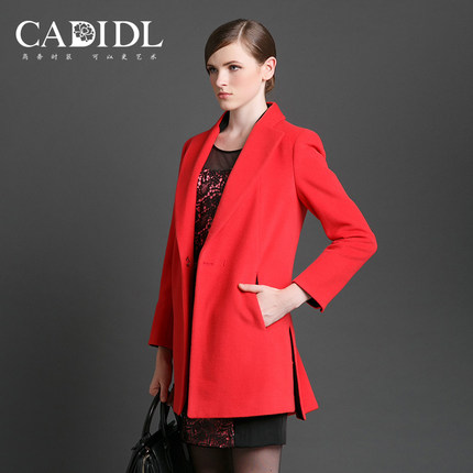 标题优化:CADIDL卡迪黛尔2014冬装新品大牌撞色时尚优雅羊毛长袖大衣外套