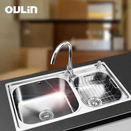 欧琳OLHD202洗菜盆龙头套餐 304加厚不锈钢水槽双槽