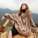 Besfunny2018新款冬羊毛大衣女狐狸毛边长款蝙蝠斗篷皮草披肩外套